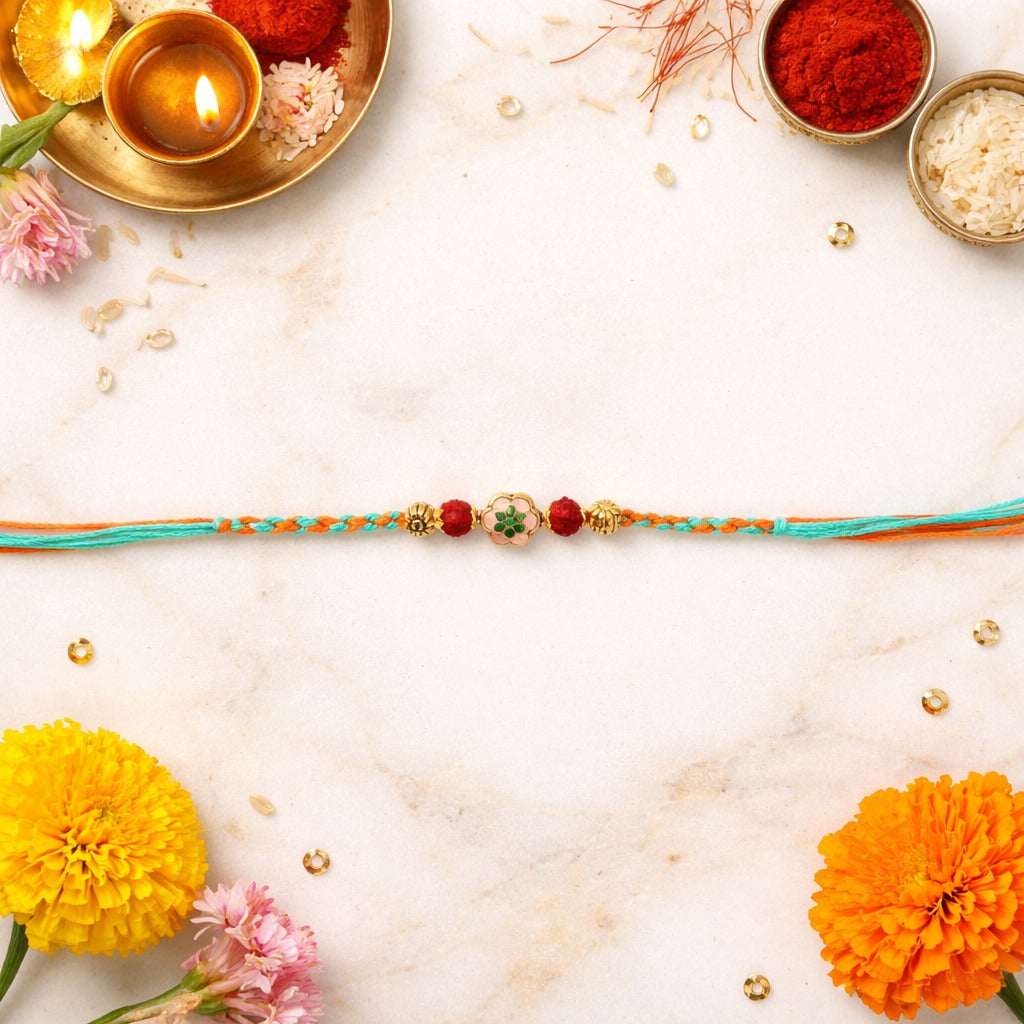 Minimal Floral Rakhi with Roli Chawal & Rakshabandhan Card