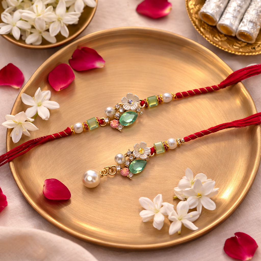 Elegant Bhaiya-Bhabhi Lumba Rakhi with Roli Chawal & Rakshabandhan Card