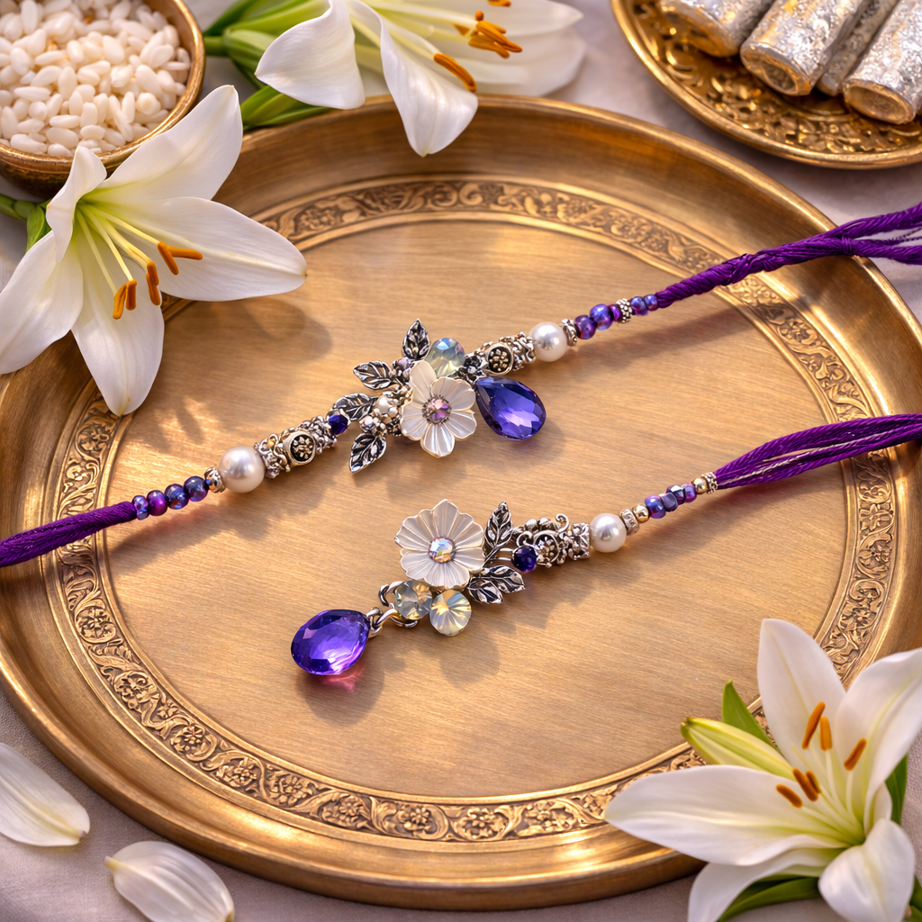 Floral Charm Bhaiya Bhabhi Rakhi with Roli Chawal & Raksha Bandhan Greeting Card