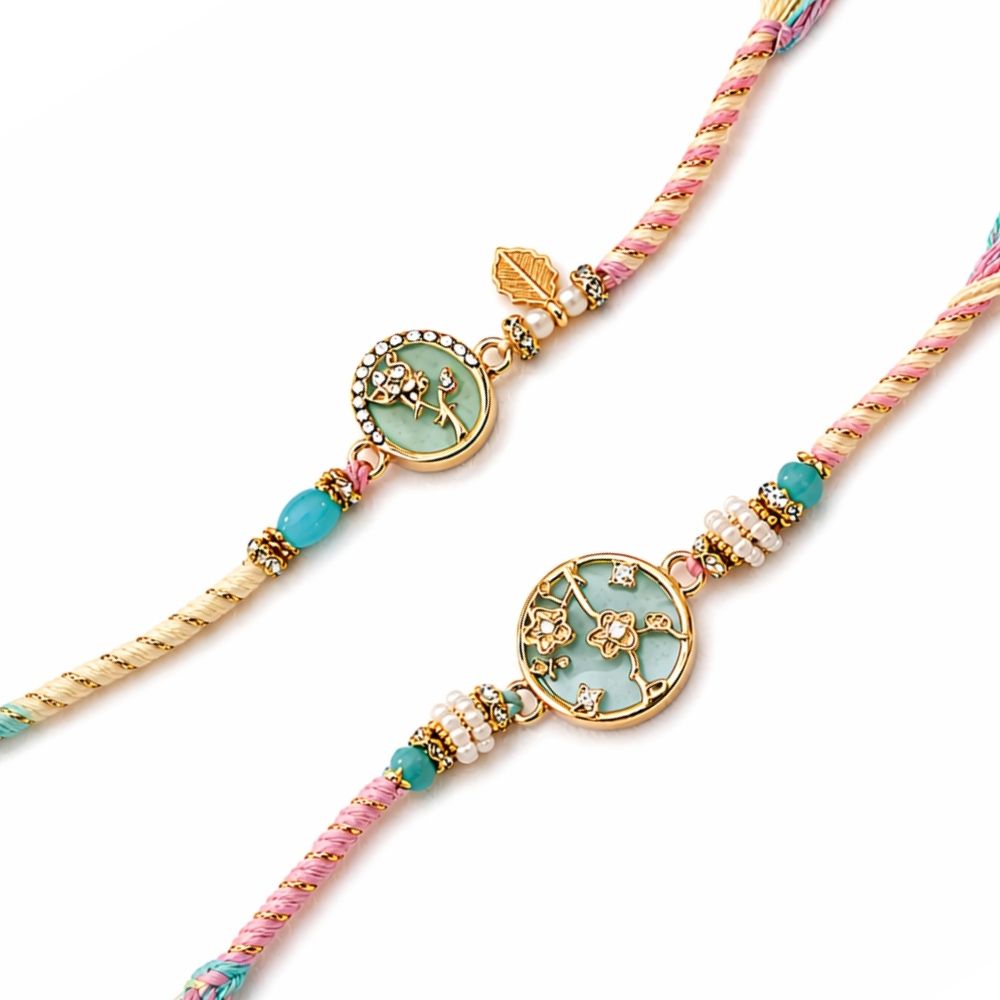 Floral Mint Enamel Bhaiya Bhabhi Rakhi with Roli Chawal & Rakshabandhan Card