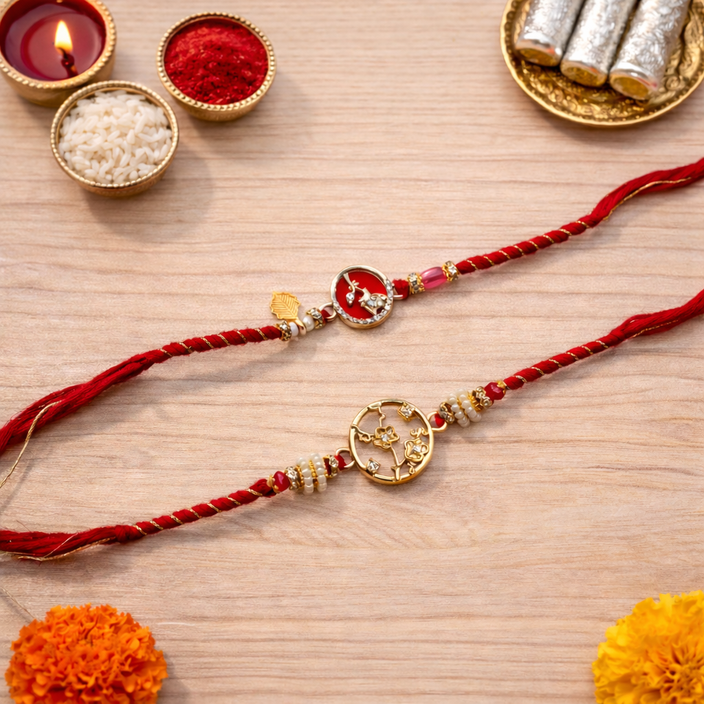 Floral Shape Bhaiya Bhabhi Rakhi with Roli Chawal & Rakshabandhan Card