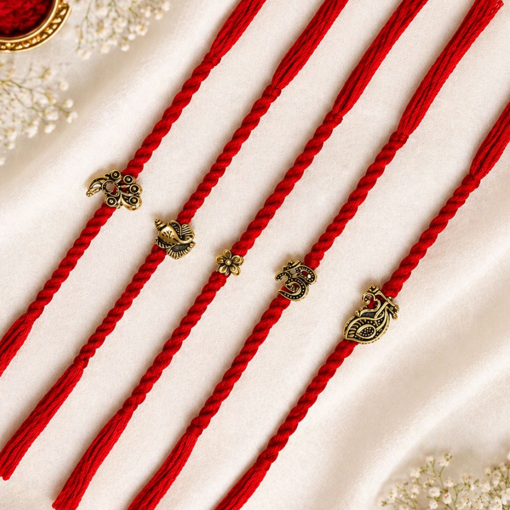 Traditional Spiritual Rakhi  with Roli Chawal & Rakshabandhan Card (Pack of 5)