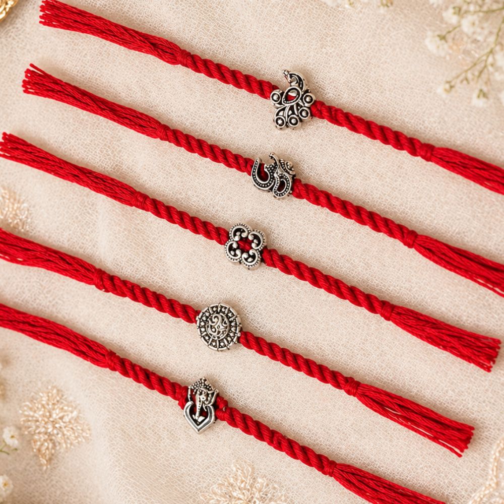 Traditional Spiritual Rakhi with Roli Chawal & Rakshabandhan Card (Pack of 5)
