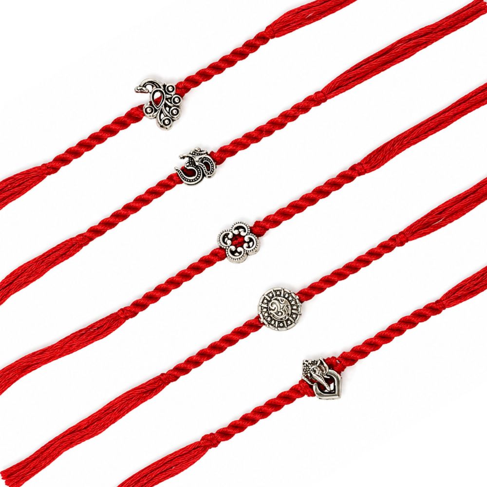 Traditional Spiritual Rakhi with Roli Chawal & Rakshabandhan Card (Pack of 5)