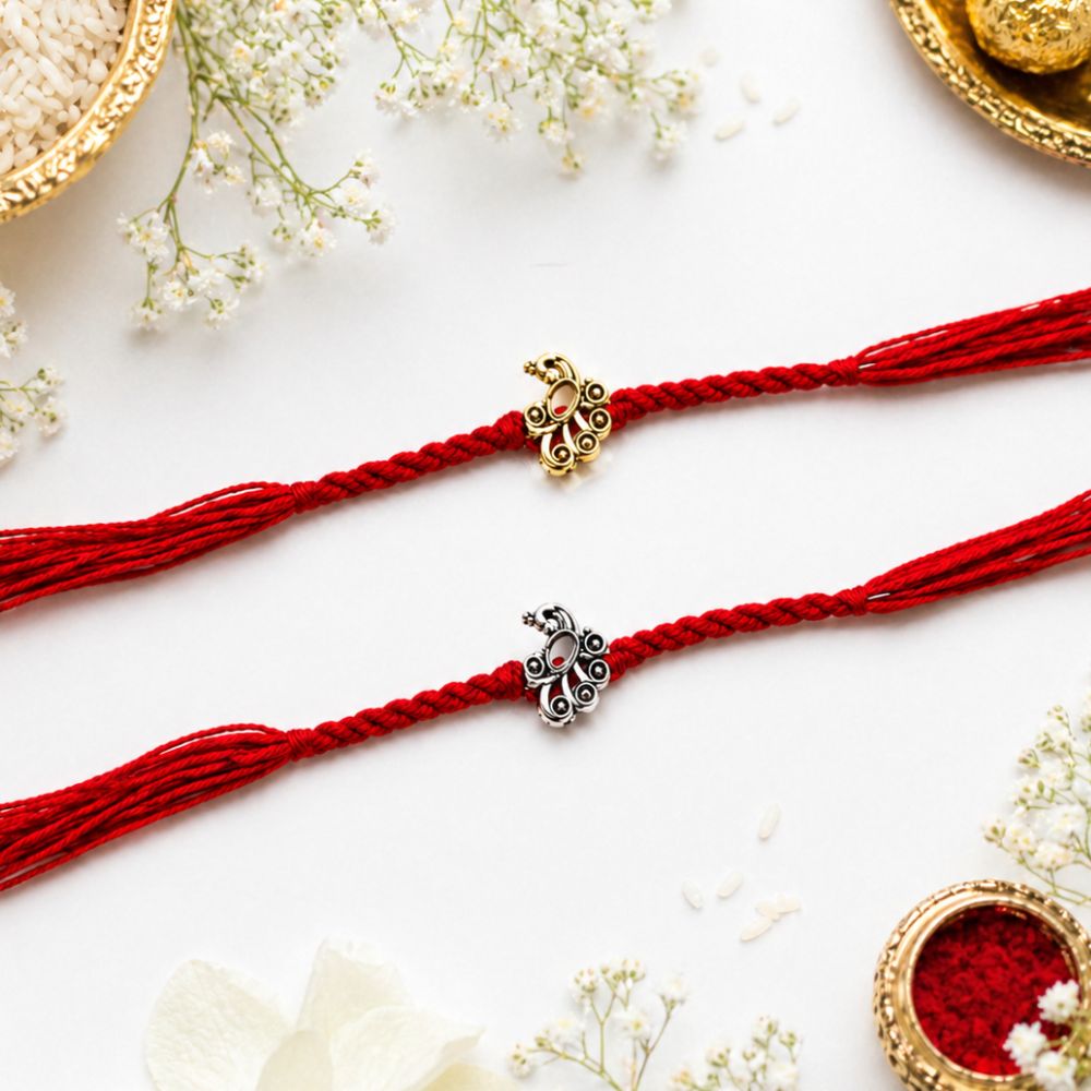 Traditional Peacock Design Rakhi with Roli Chawal & Rakshabandhan Card (Pack of 2)