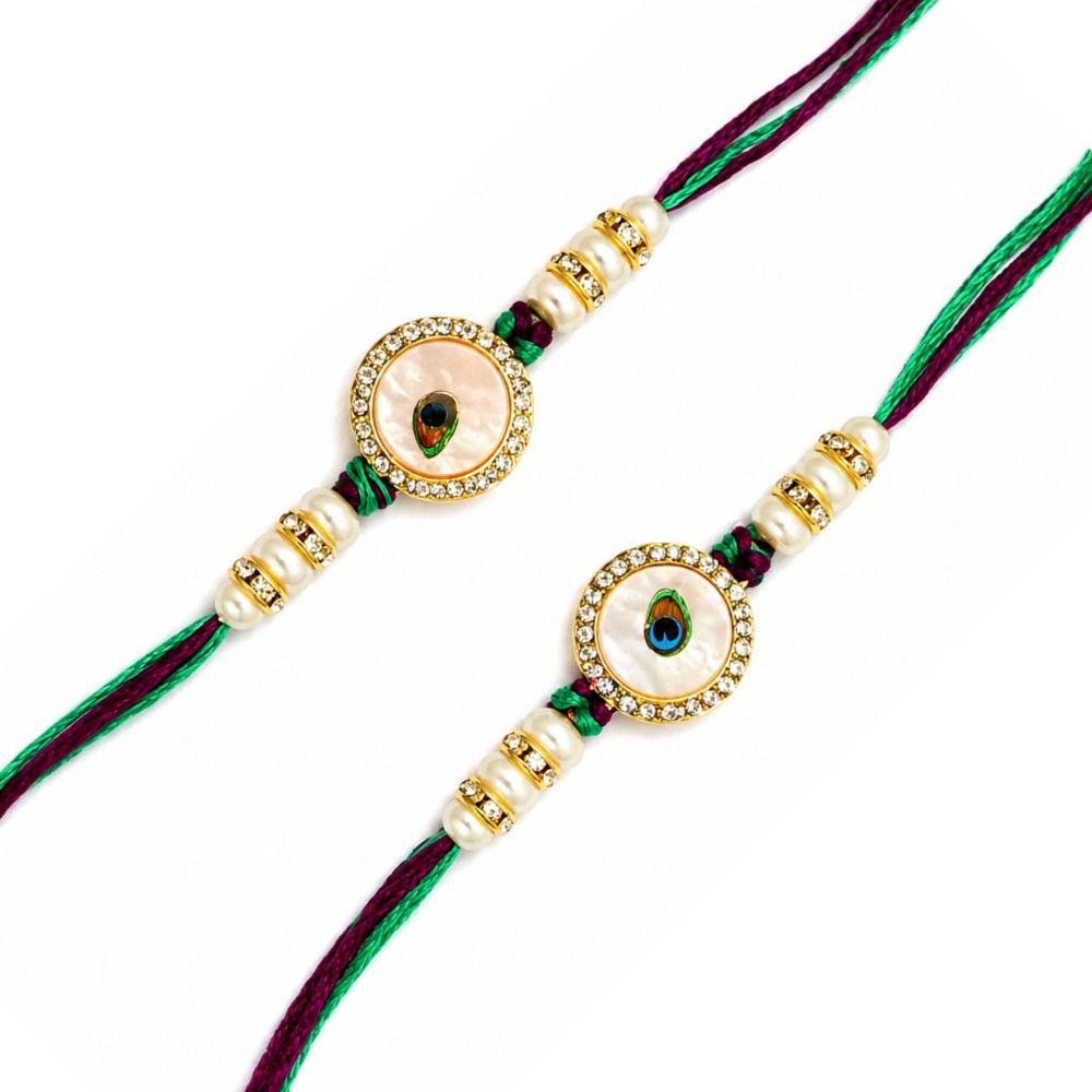 Peacock Feather Enamel Rakhi with Roli Chawal & Rakshabandhan Card (Pack of 2)