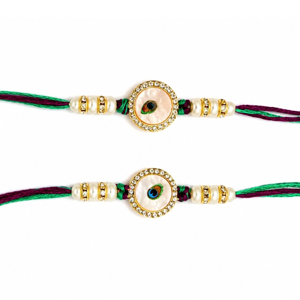 Peacock Feather Enamel Rakhi with Roli Chawal & Rakshabandhan Card (Pack of 2)