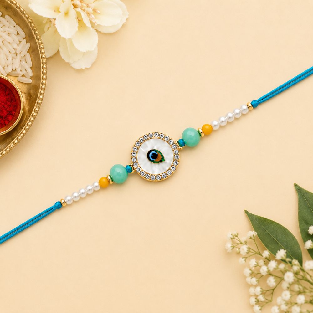 White Enamel Evil Eye Rakhi with Roli Chawal & Rakshabandhan Card