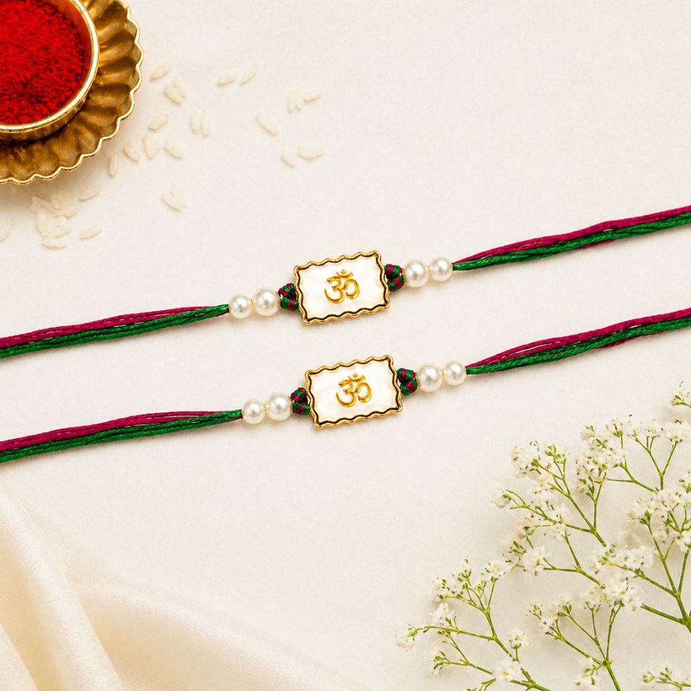 Om White Enamel Rakhi with Roli Chawal & Rakshabandhan Card (Pack of 2)