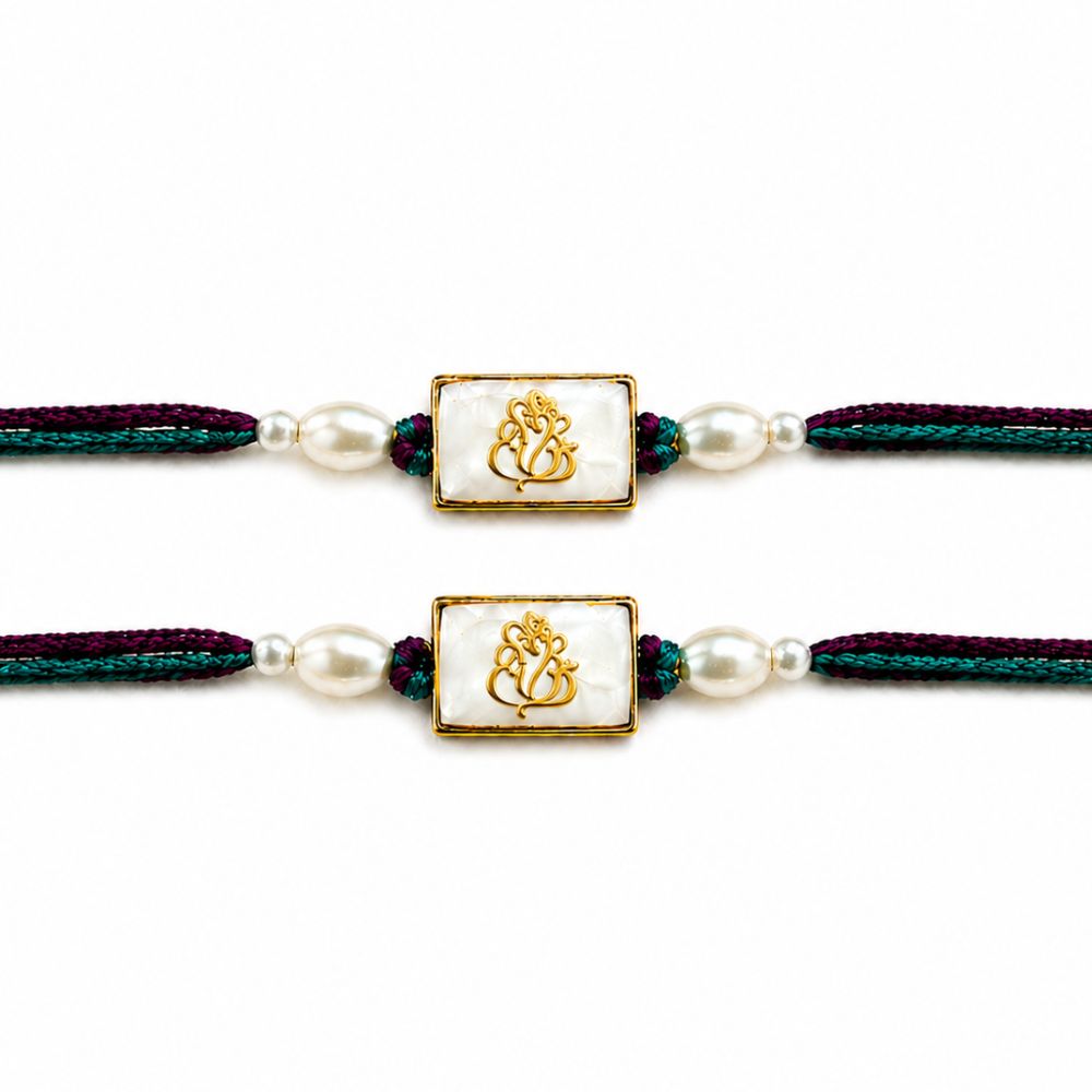 Ganesha White Enamel Rakhi with Roli Chawal & Rakshabandhan Card (Pack of 2)