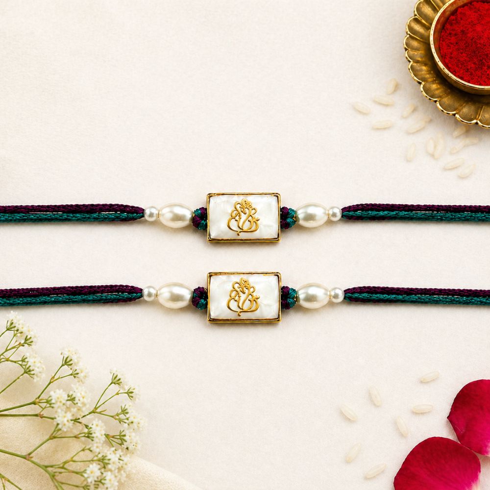Ganesha White Enamel Rakhi with Roli Chawal & Rakshabandhan Card (Pack of 2)