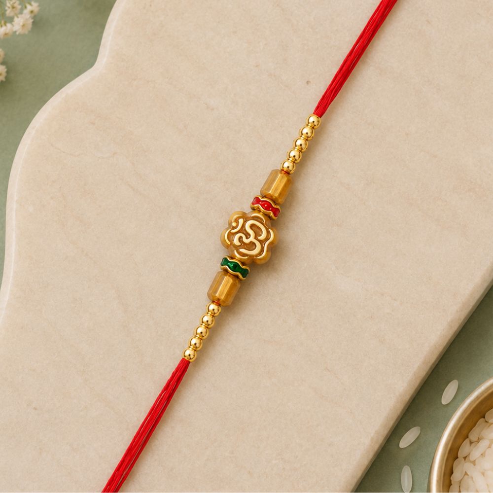 Om Pearl Beaded Rakhi with Roli Chawal & Rakshabandhan Card