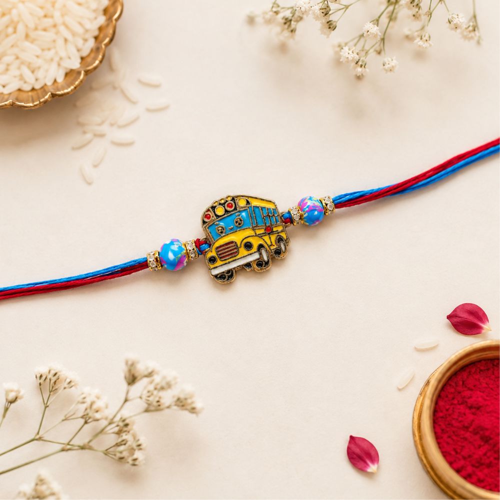 Cute School Bus Rakhi with Roli Chawal & Rakshabandhan Card