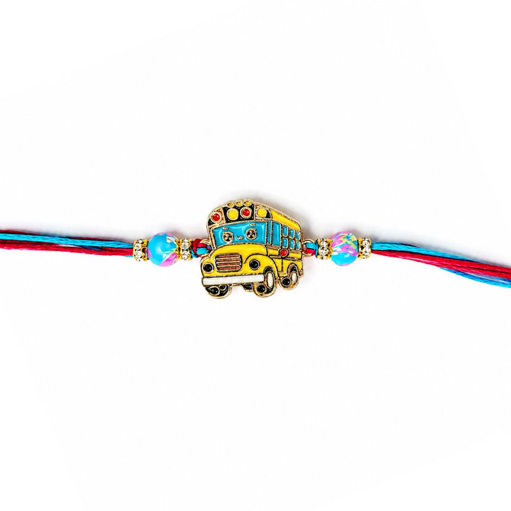 Cute School Bus Rakhi with Roli Chawal & Rakshabandhan Card