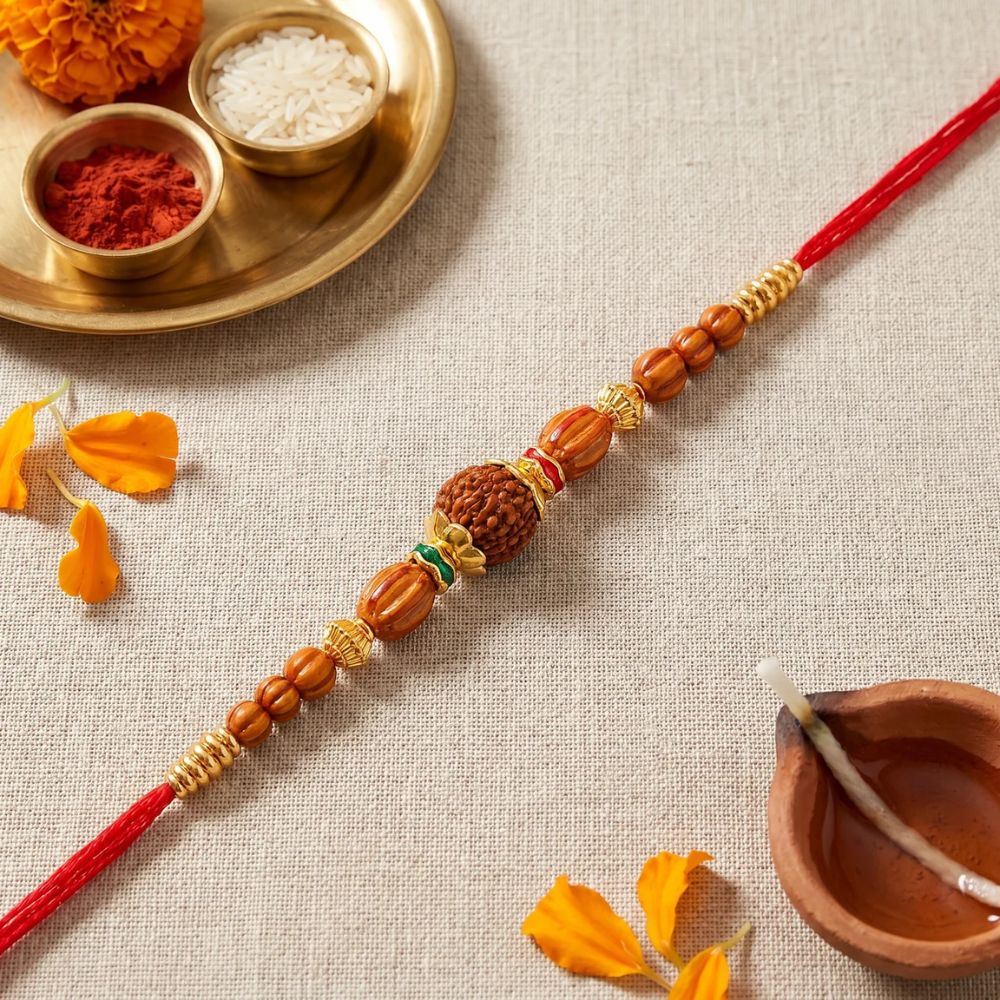 Rudraksh Beaded Rakhi with Roli Chawal & Rakshabandhan Card