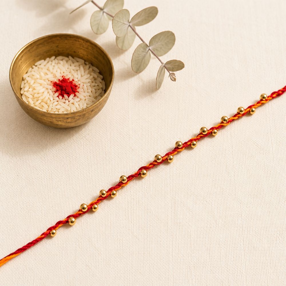 Traditional Golden Beads Rakhi with Roli Chawal & Rakshabandhan Card