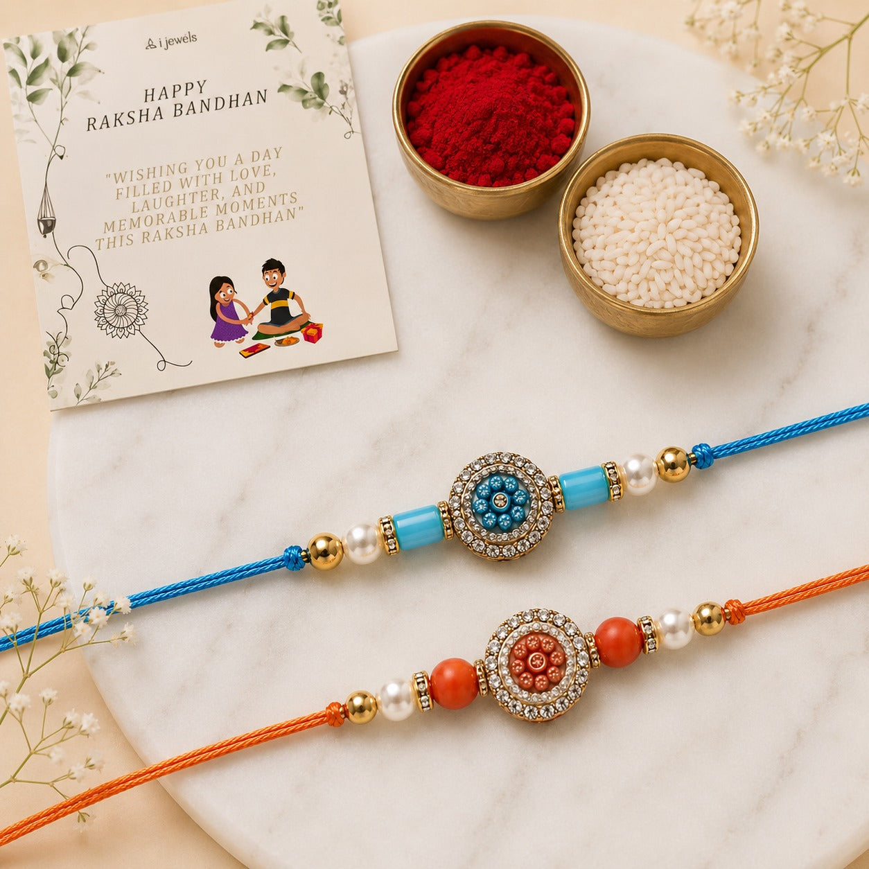 Kundan Studded Rakhi with Roli Chawal and Raksha Bandhan Card (Pack Of 2)