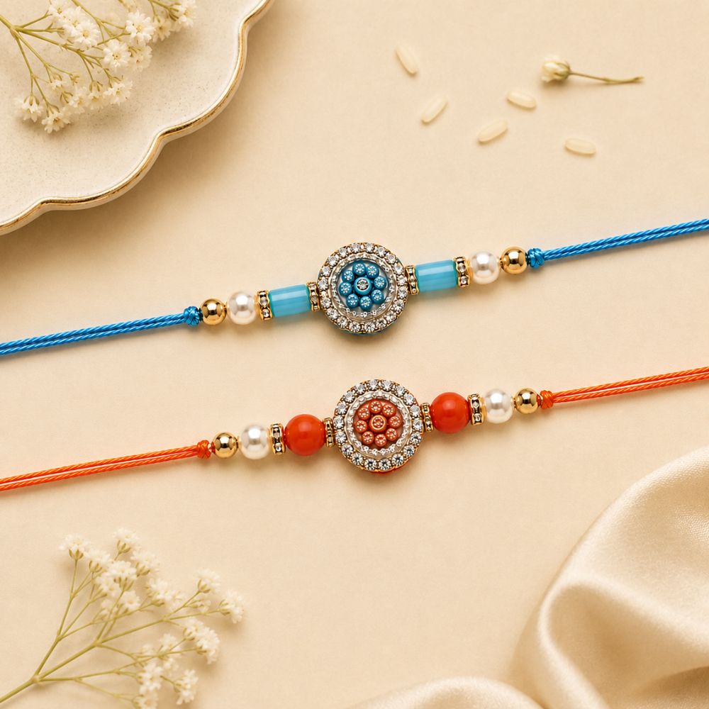 Kundan Studded Rakhi with Roli Chawal and Raksha Bandhan Card (Pack Of 2)