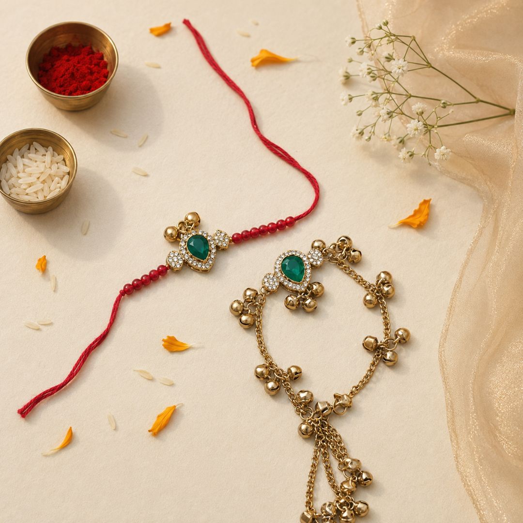 Royal Kashmiri Ghungroo Bhaiya Bhabhi Lumba Rakhi With Roli Chawal & Rakshabandhan Card