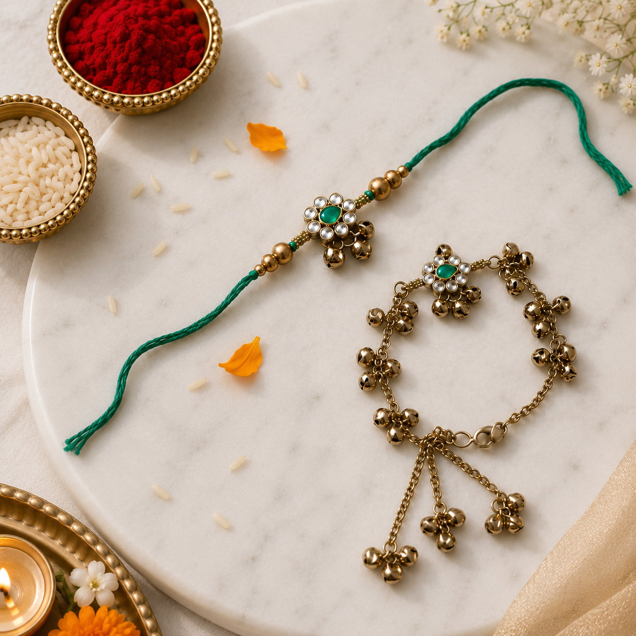Traditional Kashmiri Ghungroo Bhaiya Bhabhi Lumba Rakhi With Roli Chawal & Rakshabandhan Card