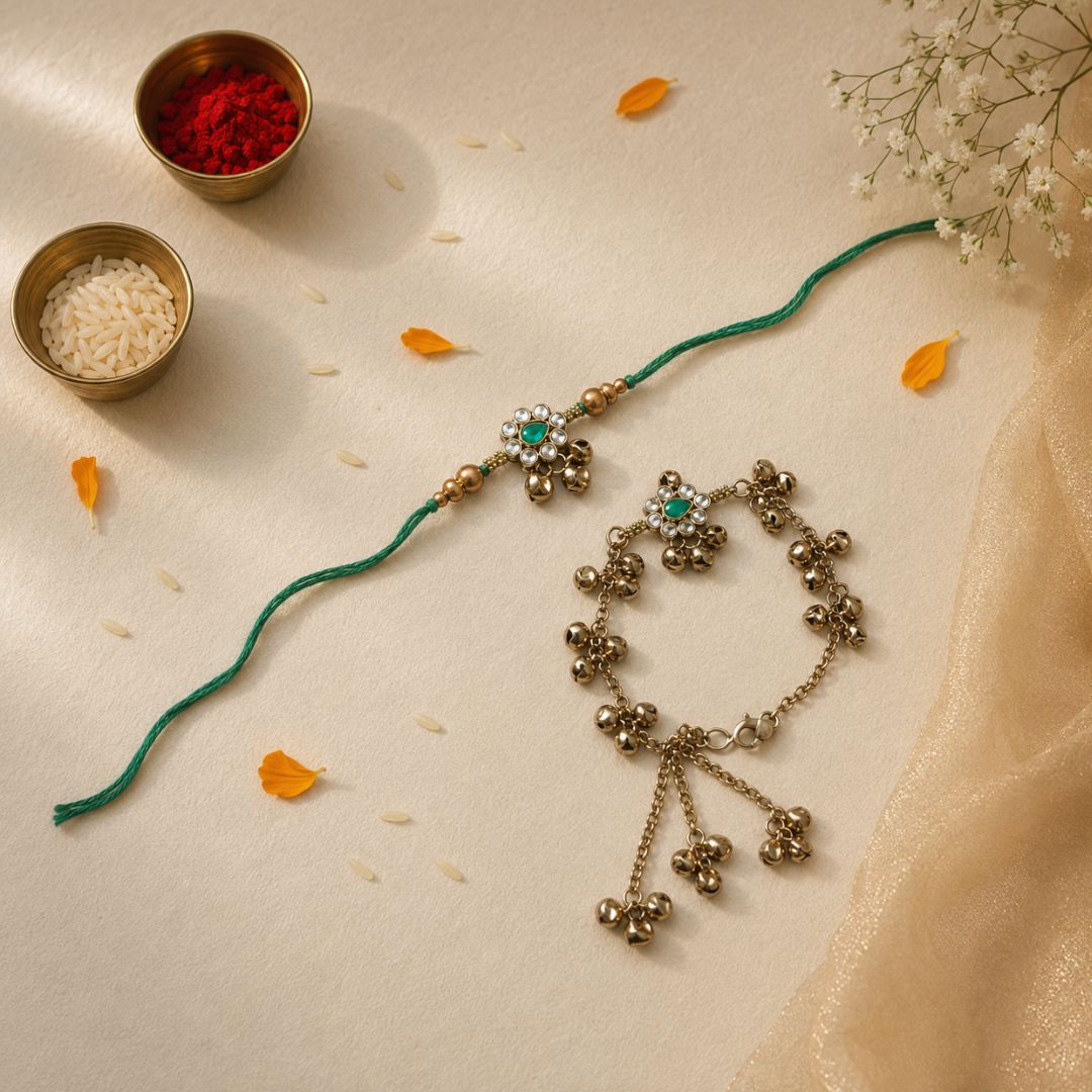 Traditional Kashmiri Ghungroo Bhaiya Bhabhi Lumba Rakhi With Roli Chawal & Rakshabandhan Card