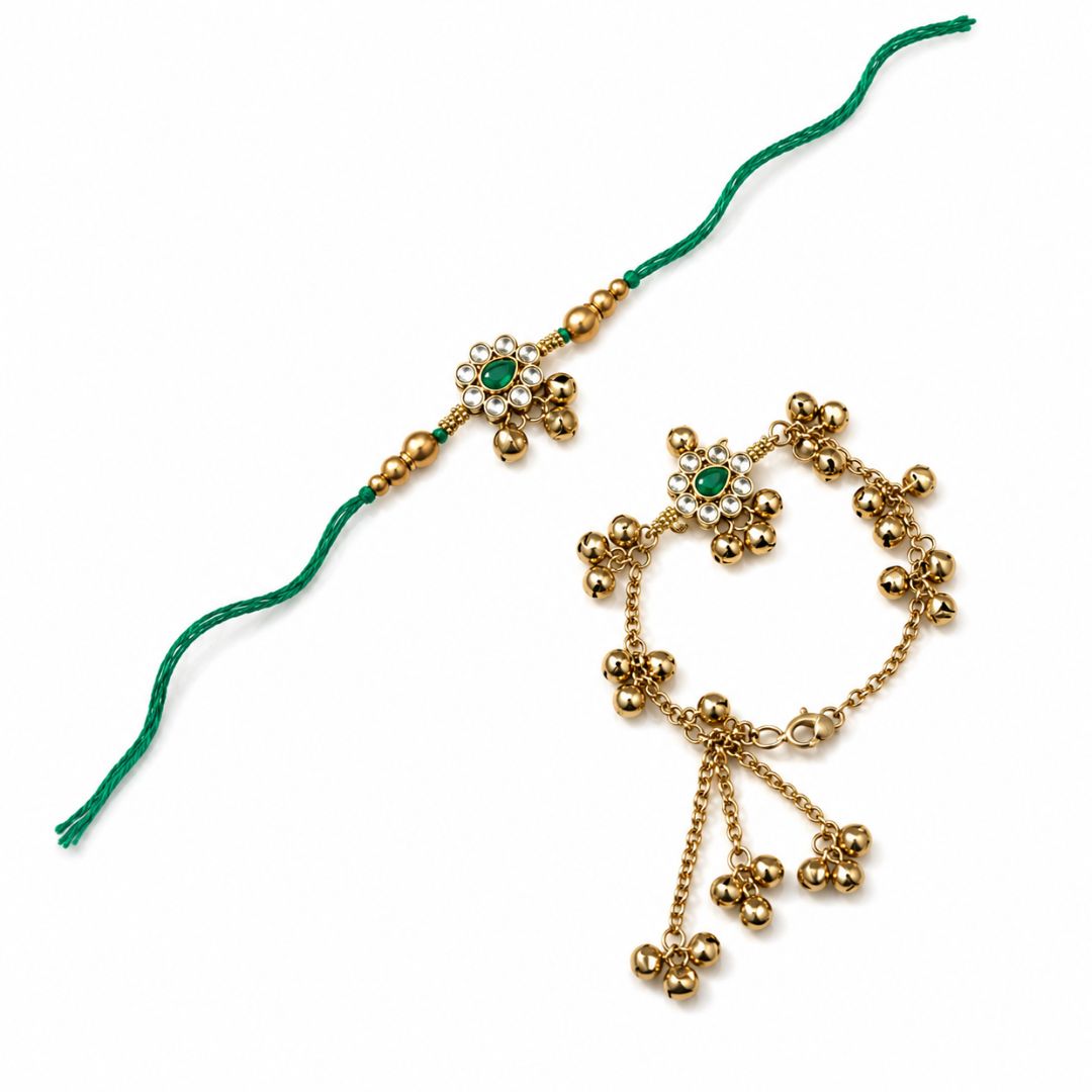 Traditional Kashmiri Ghungroo Bhaiya Bhabhi Lumba Rakhi With Roli Chawal & Rakshabandhan Card