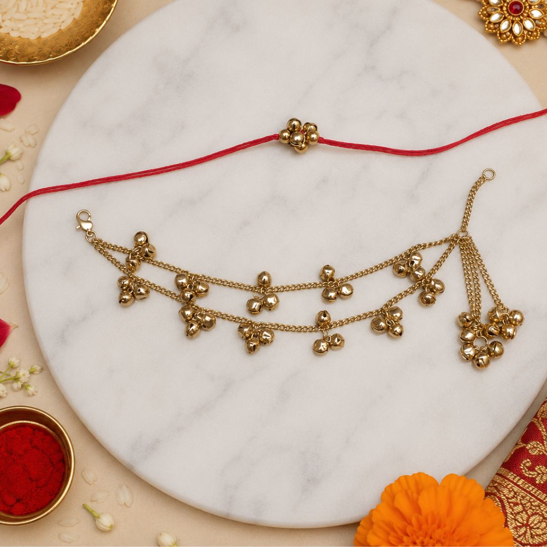 Minimal Kashmiri Ghungroo Bhaiya Bhabhi Lumba Rakhi With Roli Chawal & Rakshabandhan Card