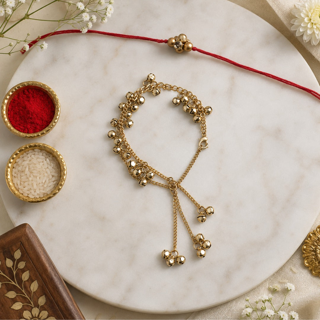 Minimal Kashmiri Ghungroo Bhaiya Bhabhi Lumba Rakhi With Roli Chawal & Rakshabandhan Card
