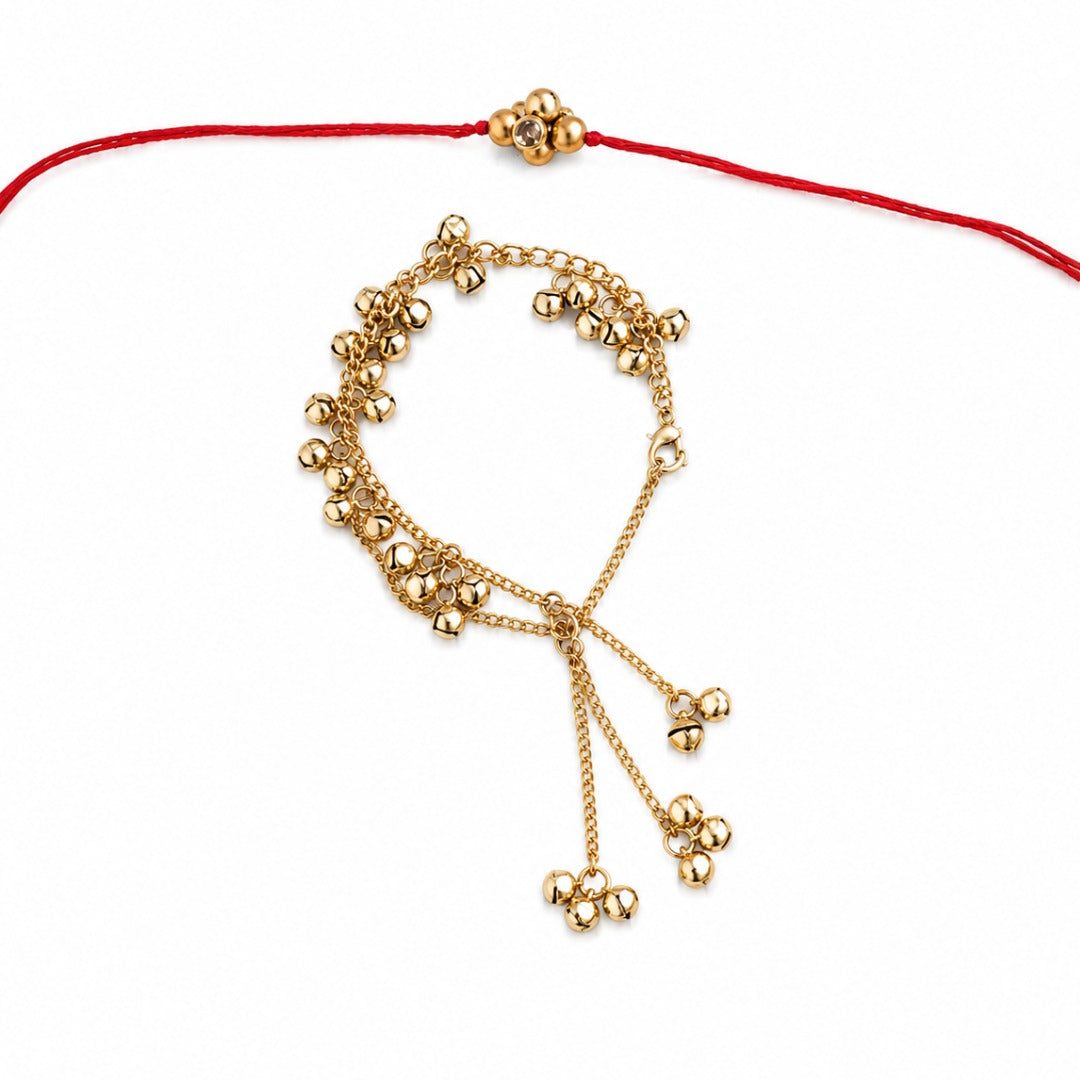 Minimal Kashmiri Ghungroo Bhaiya Bhabhi Lumba Rakhi With Roli Chawal & Rakshabandhan Card