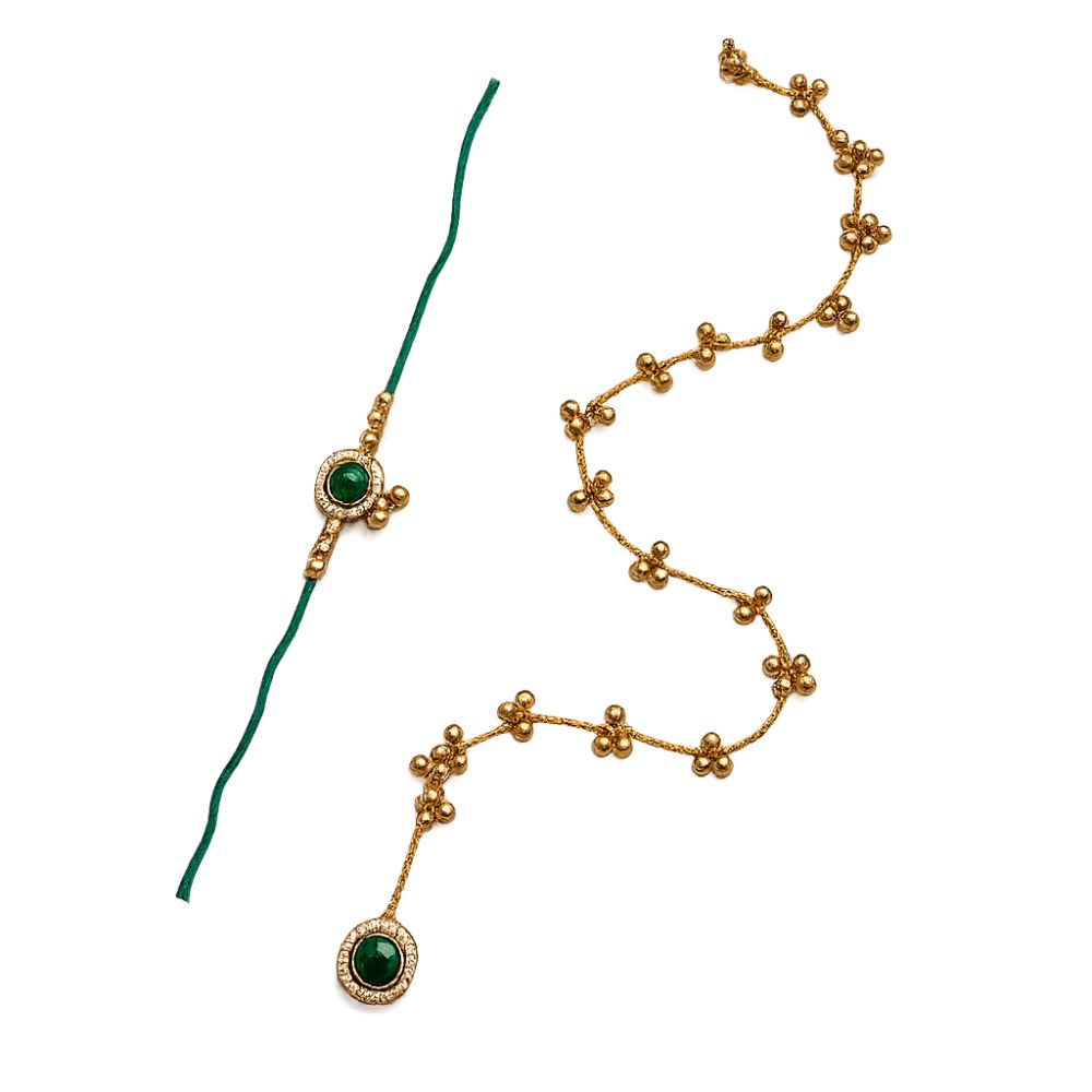 Emerald Kashmiri Ghungroo Bhaiya Bhabhi Wrap Around Lumba Rakhi With Roli Chawal & Card