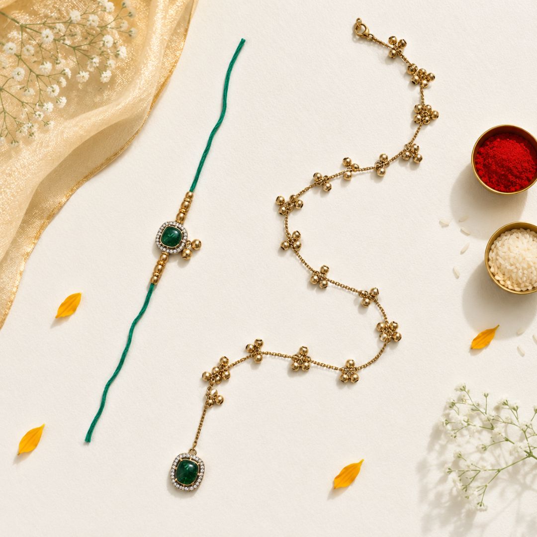 Emerald Kashmiri Ghungroo Bhaiya Bhabhi Wrap Around Lumba Rakhi With Roli Chawal & Card