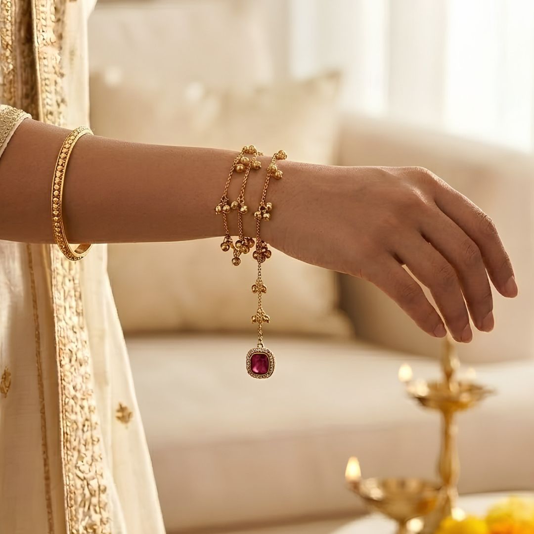 Kashmiri Ghungroo Wine Stone Wrap Around Lumba Bracelet