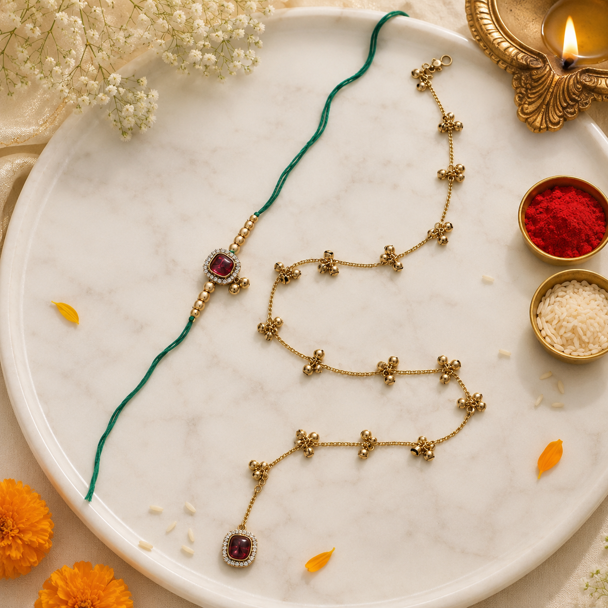 Traditional Kashmiri Ghungroo Bhaiya Bhabhi Wrap Around Lumba Rakhi With Roli Chawal & Card