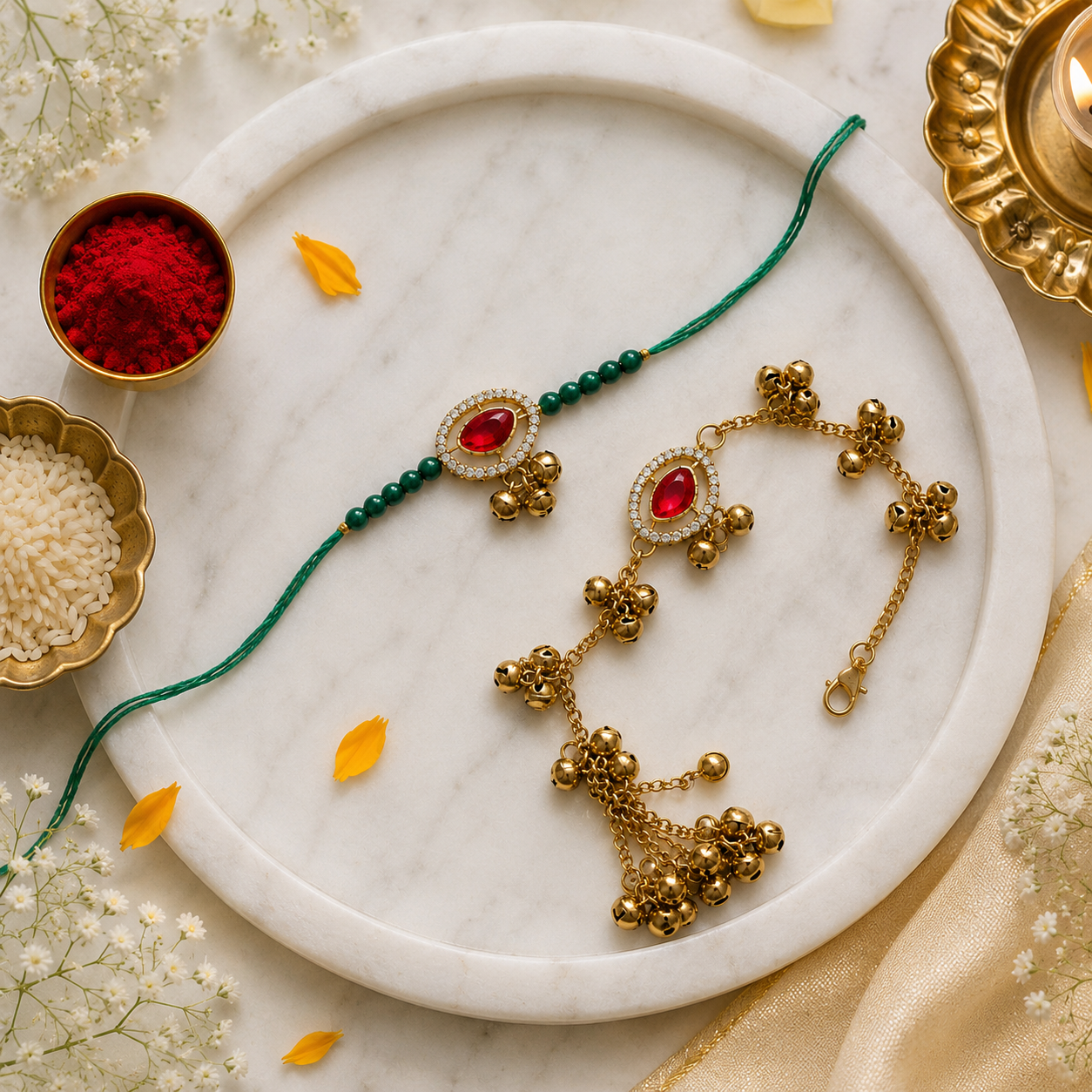 Kashmiri Ghungroo Bhaiya Bhabhi Lumba Rakhi With Roli Chawal & Rakshabandhan Card