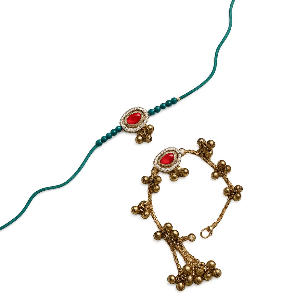 Kashmiri Ghungroo Bhaiya Bhabhi Lumba Rakhi With Roli Chawal & Rakshabandhan Card