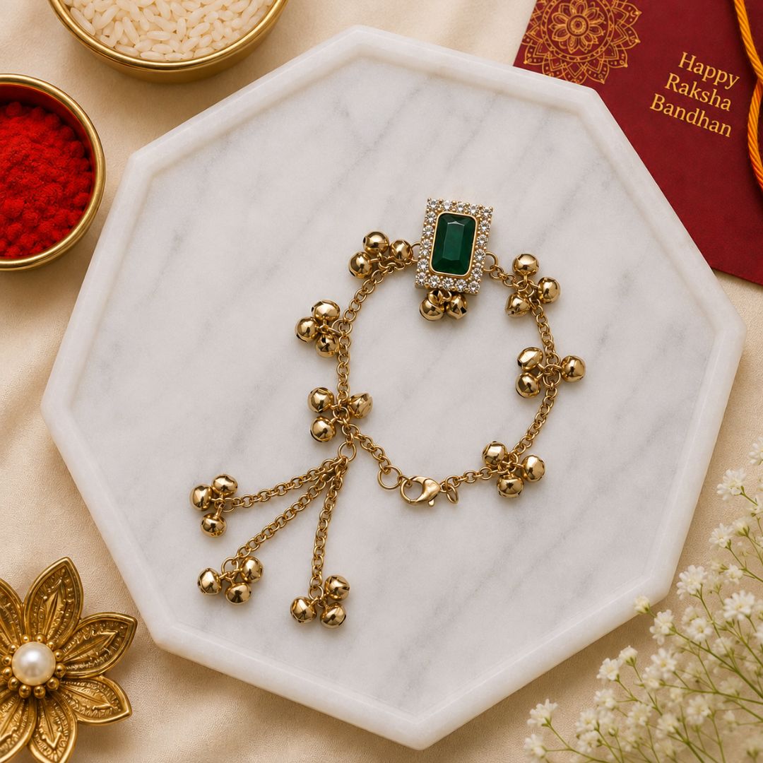 Emerald Rectangle Kashmiri Ghungroo Lumba Bracelet