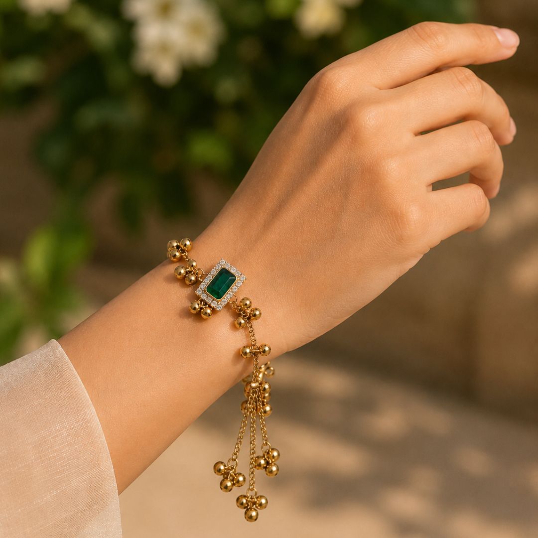 Emerald Rectangle Kashmiri Ghungroo Lumba Bracelet