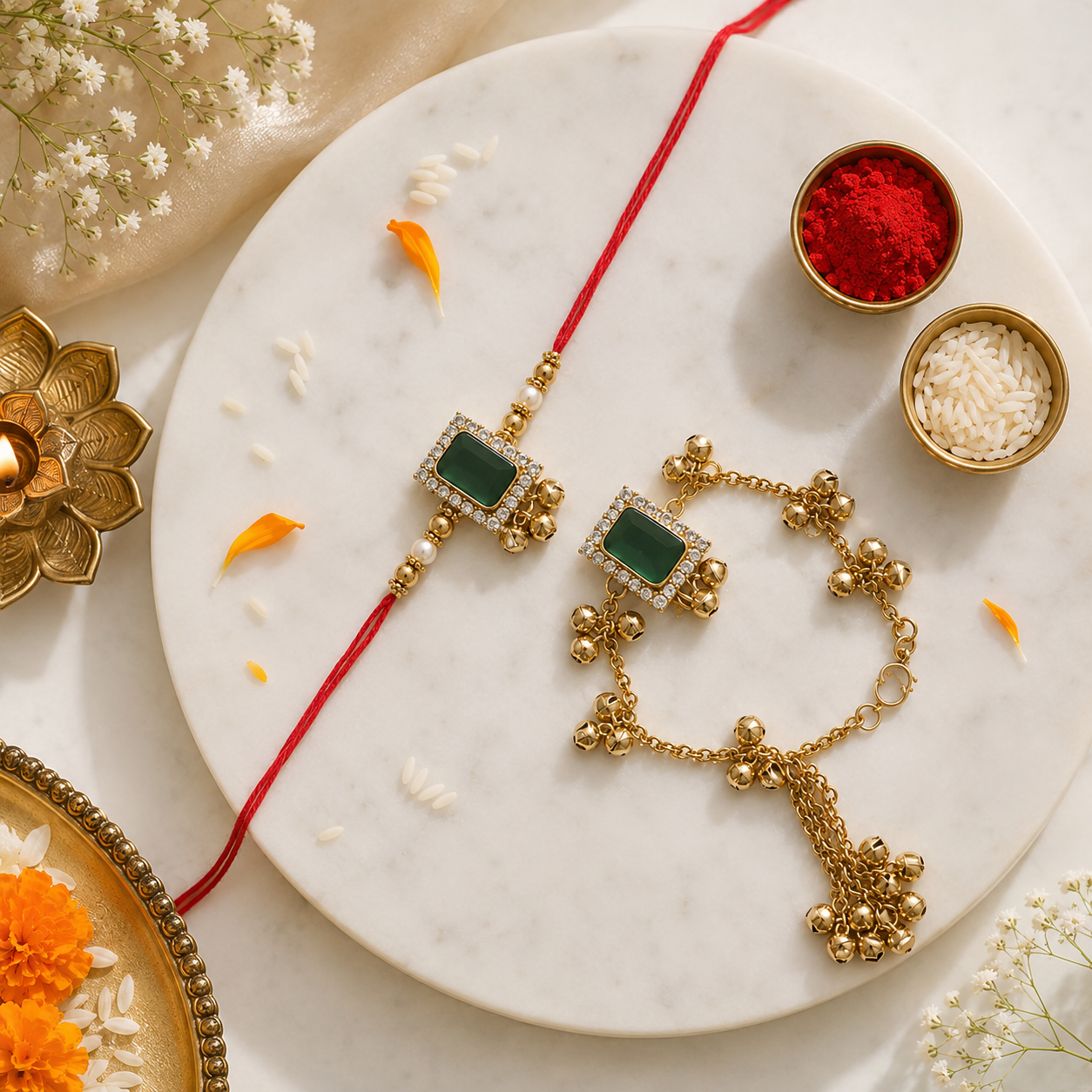 Designer Kashmiri Ghungroo Bhaiya Bhabhi Emerald Lumba Rakhi with Roli Chawal & Rakshabandhan Card
