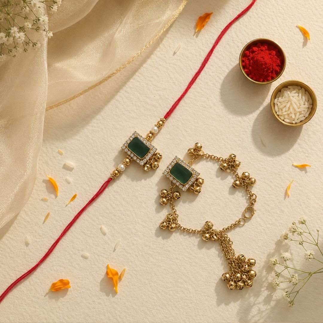 Designer Kashmiri Ghungroo Emerald Bhaiya Bhabhi Lumba Rakhi with Roli Chawal & Rakshabandhan Card