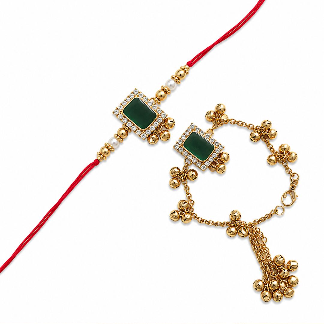 Designer Kashmiri Ghungroo Emerald Bhaiya Bhabhi Lumba Rakhi with Roli Chawal & Rakshabandhan Card
