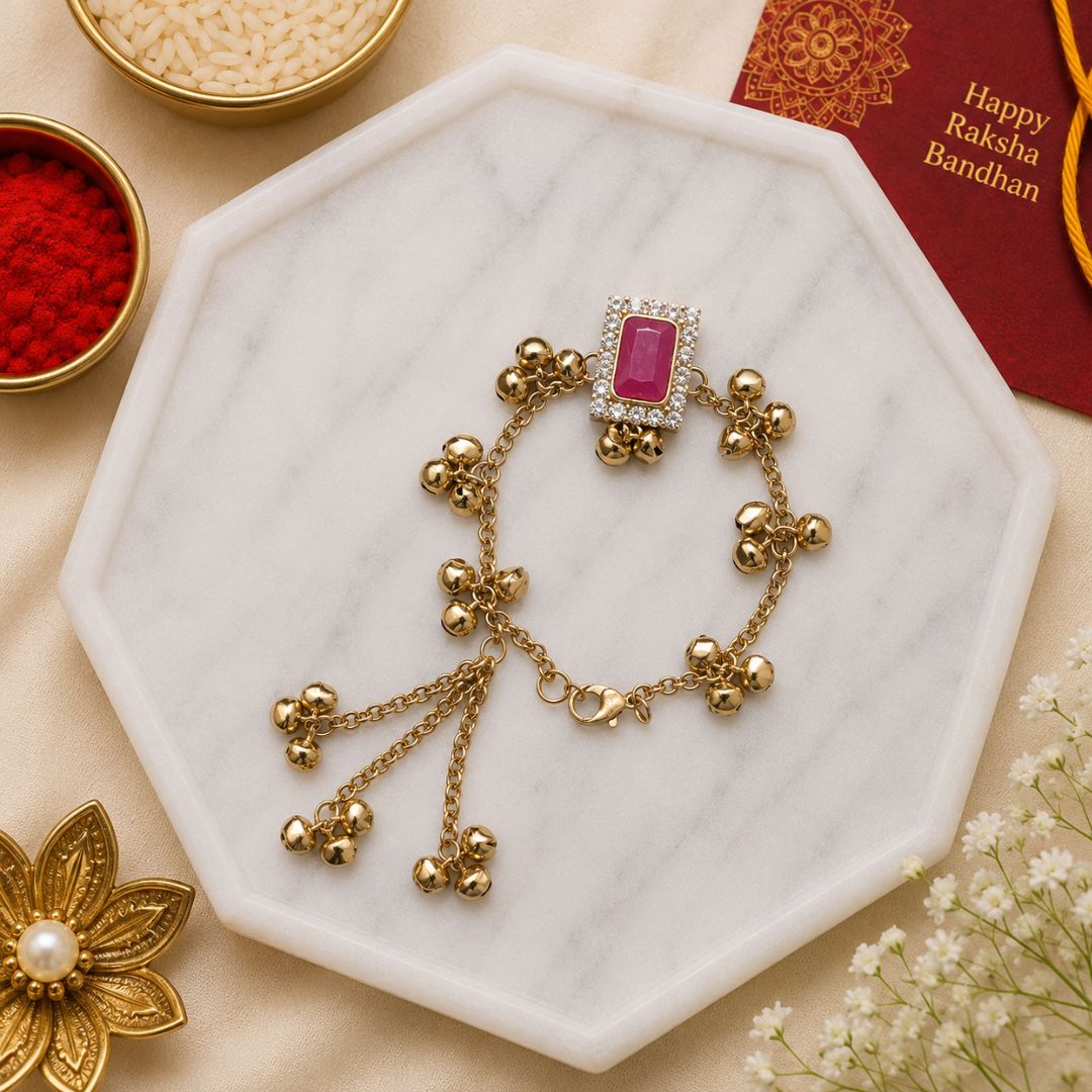 Pink Rectangle Kashmiri Ghungroo Lumba Bracelet