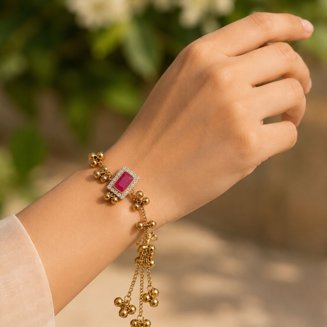 Pink Rectangle Kashmiri Ghungroo Lumba Bracelet