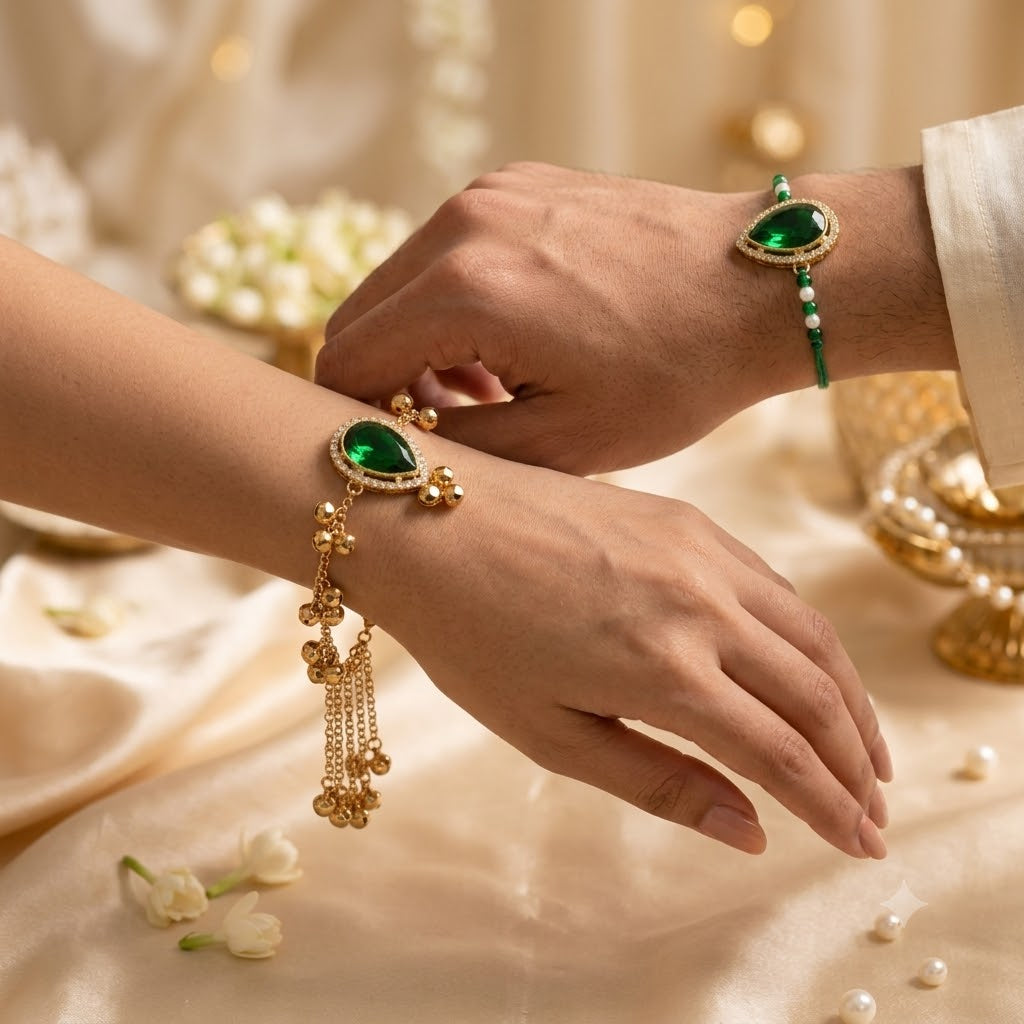 Designer Kashmiri Ghungroo Green Bhaiya Bhabhi Lumba Rakhi with Roli Chawal & Rakshabandhan Card