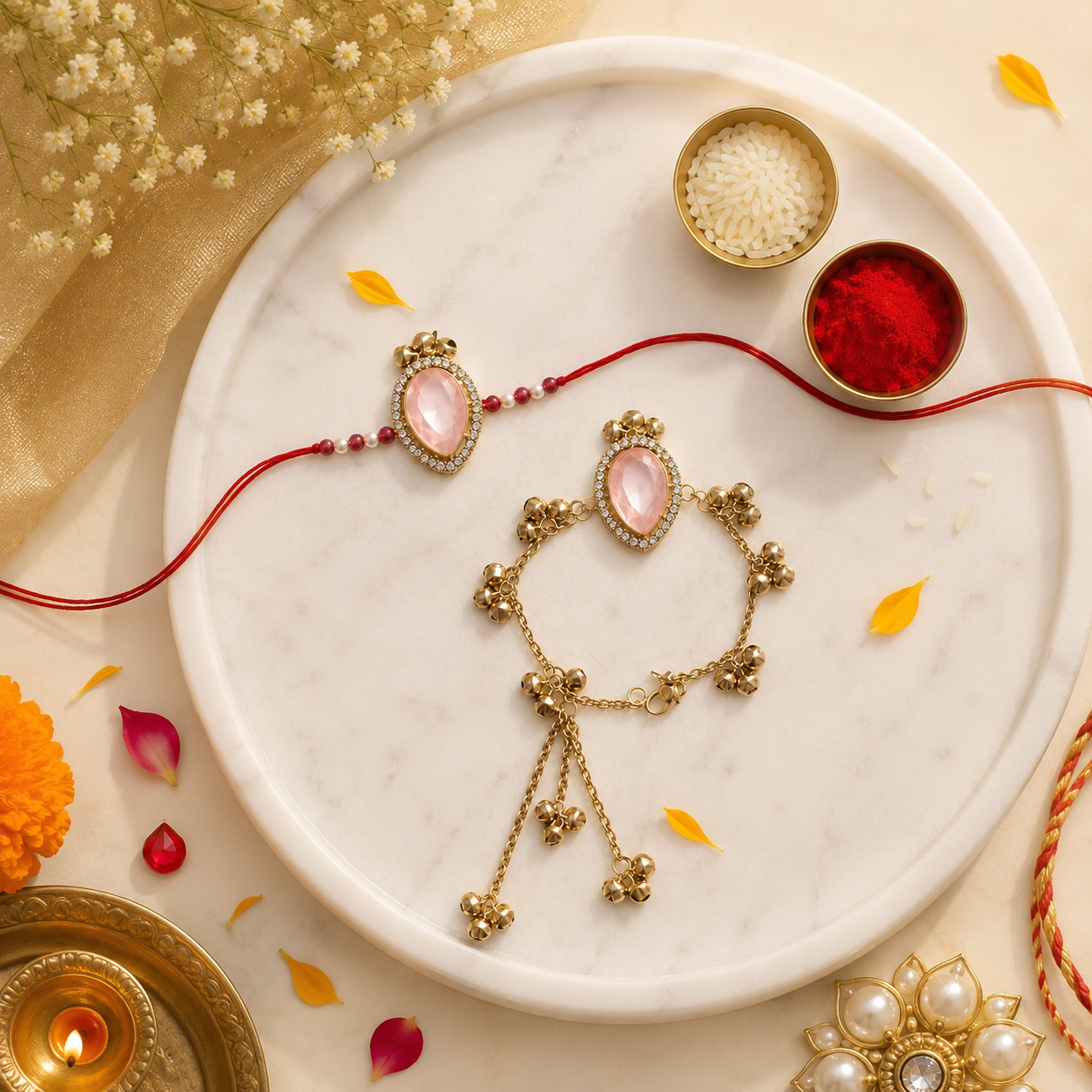 Designer Kashmiri Ghungroo Pink Bhaiya Bhabhi Lumba Rakhi with Roli Chawal & Rakshabandhan Card
