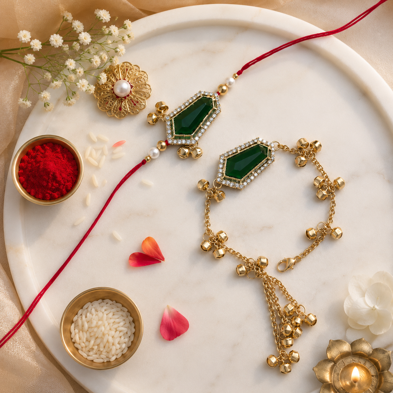Emerald Grace Kashmiri Ghungroo Bhaiya Bhabhi Lumba Rakhi with Roli Chawal & Rakshabandhan Card