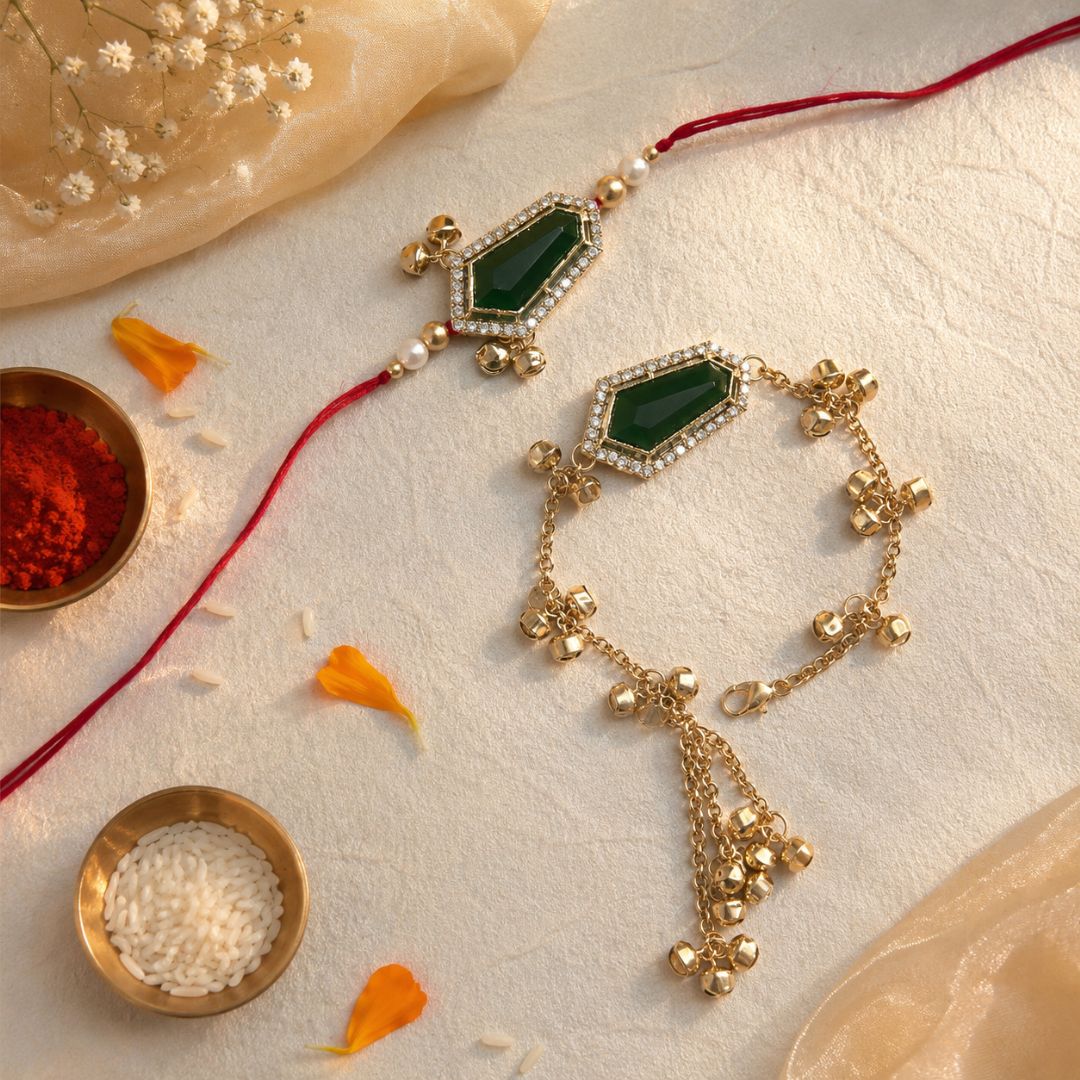 Emerald Grace Kashmiri Ghungroo Bhaiya Bhabhi Lumba Rakhi with Roli Chawal & Rakshabandhan Card