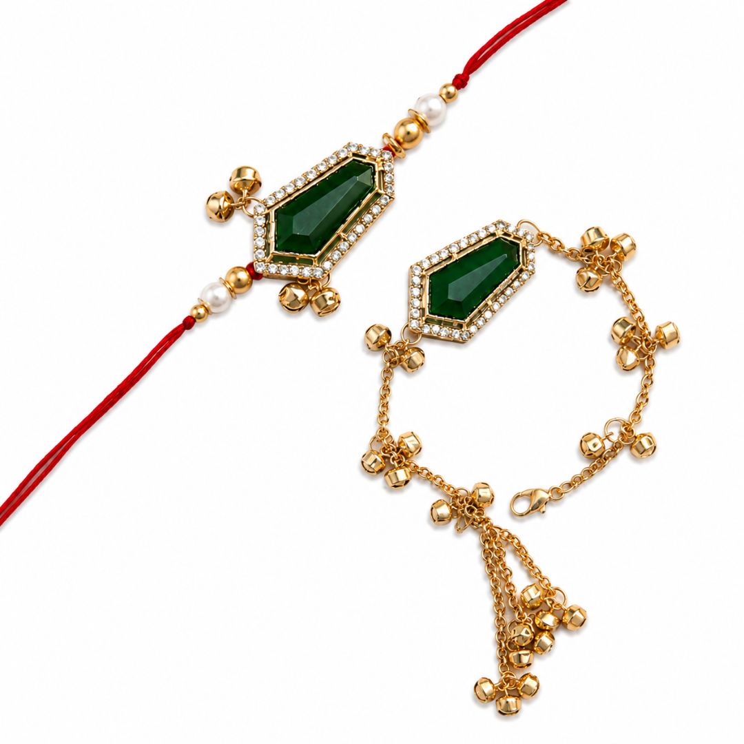 Emerald Grace Kashmiri Ghungroo Bhaiya Bhabhi Lumba Rakhi with Roli Chawal & Rakshabandhan Card