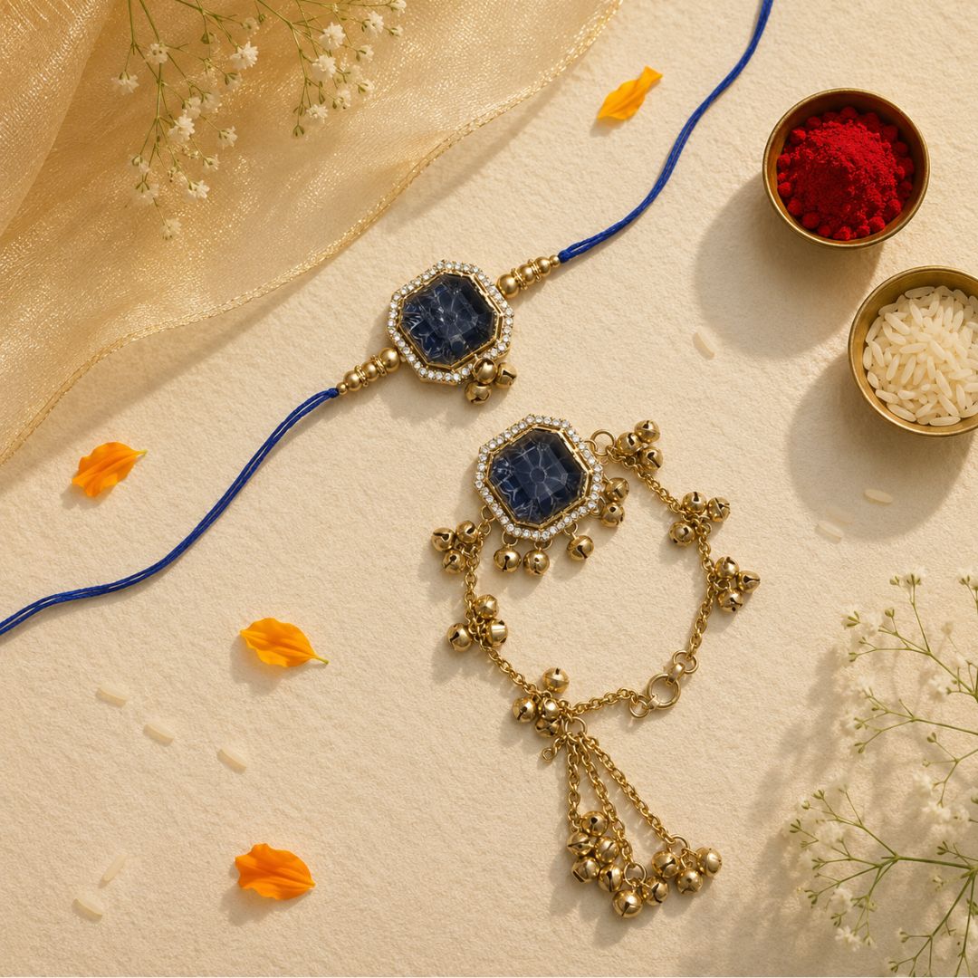 Royal Sapphire Kashmiri Ghungroo Bhaiya Bhabhi Lumba Rakhi with RoliChawal & Rakshabandhan Card