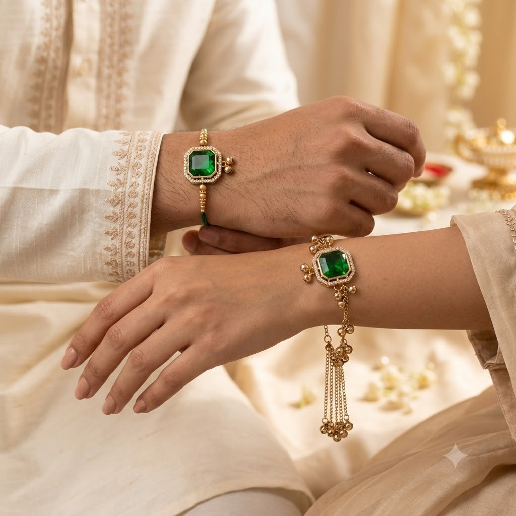Royal Green Kashmiri Ghungroo Bhaiya Bhabhi Lumba Rakhi with RoliChawal & Rakshabandhan Card