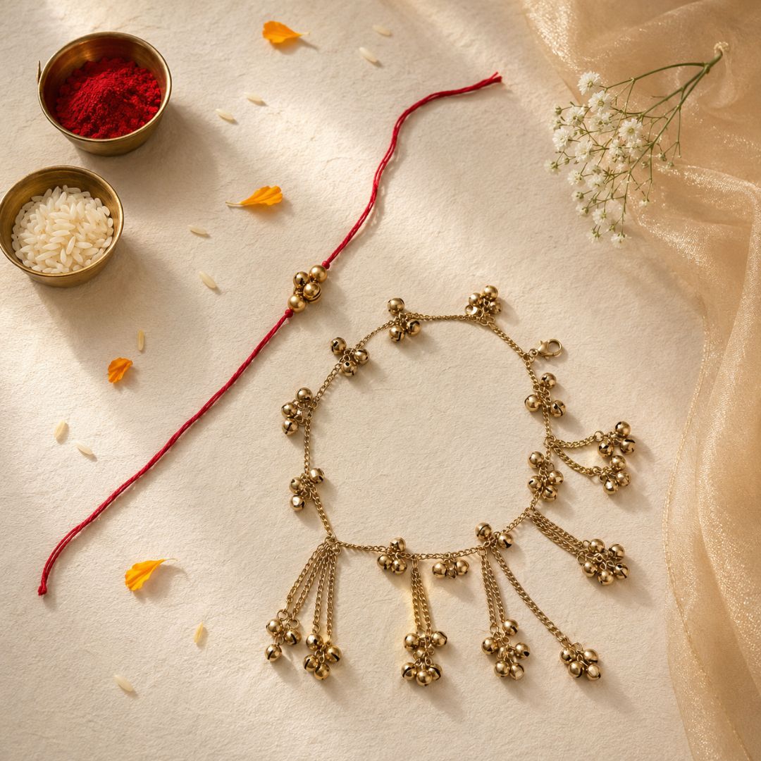 Ethnic Kashimiri Ghungroo Bhaiya Bhabhi Lumba Rakhi With Roli Chawal & Rakshabandhan Card